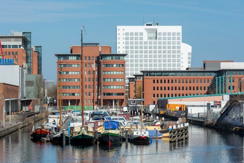 View of Boats Moored in a Harbor by the Buildings in the Hague, the Netherlands