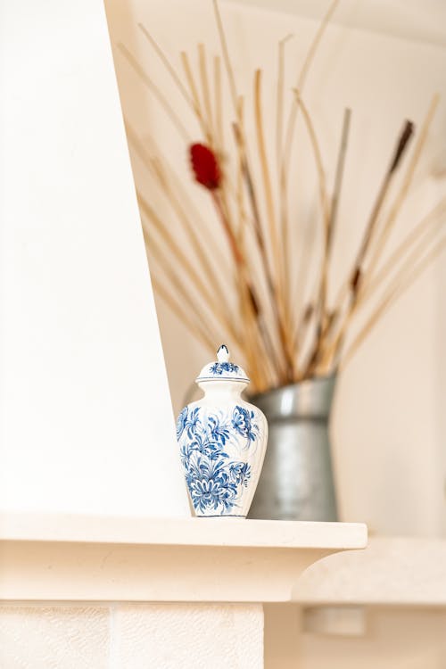 Close-up of a Patterned Vase and Dry Flowers Composition 