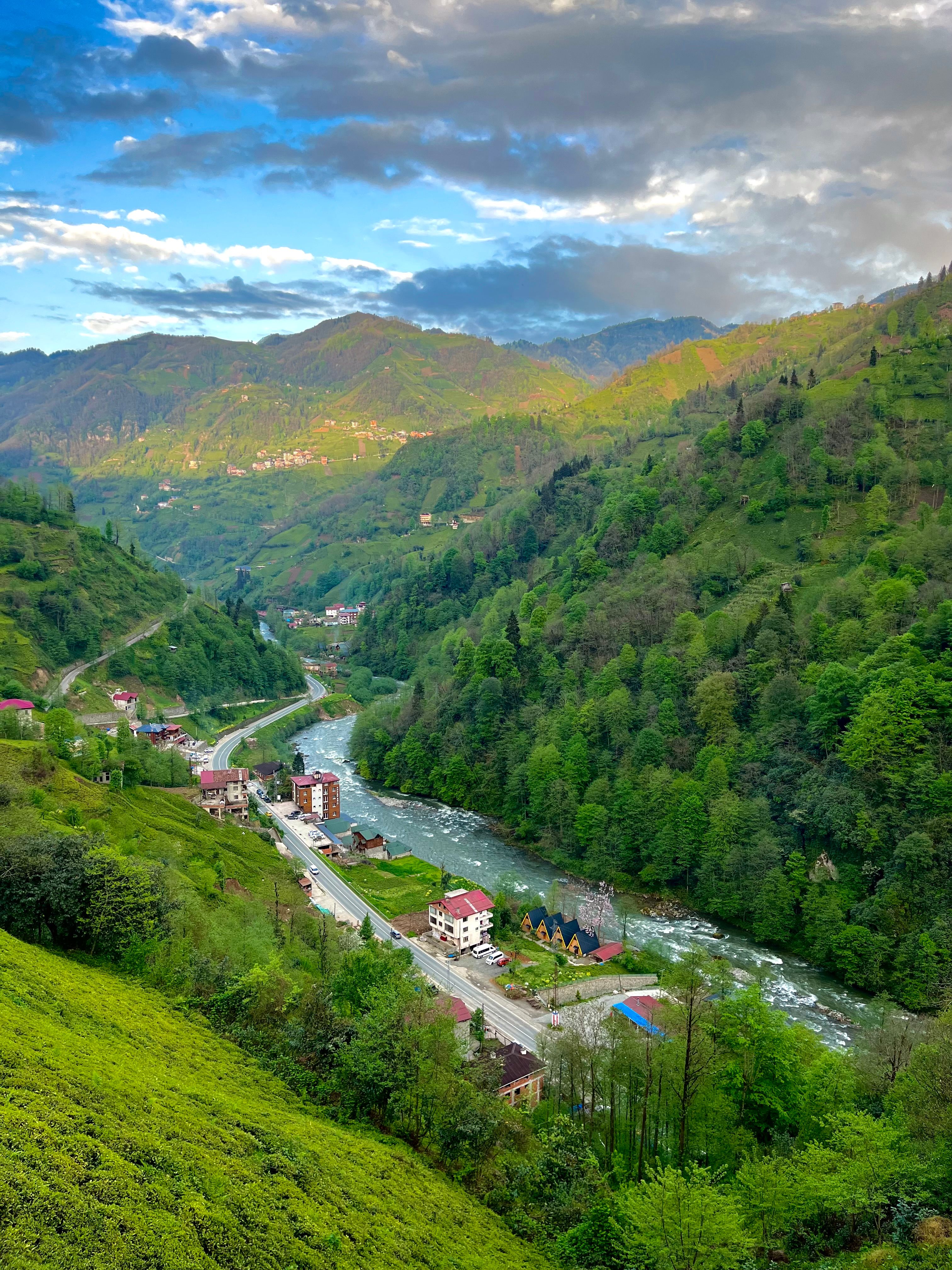 Aerial View a Village and River Flowing in a Mountain Valley · Free ...