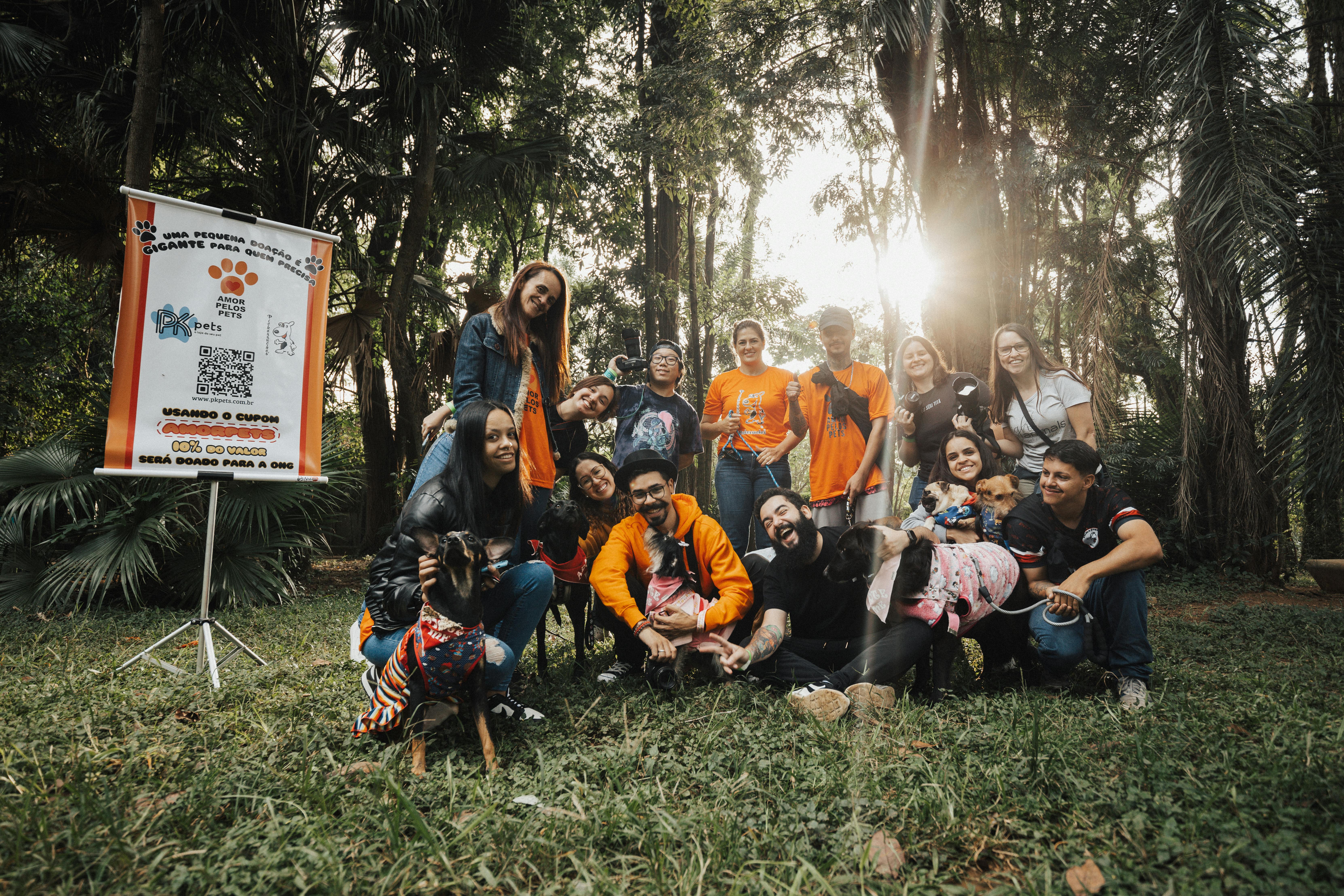 Group of People with Dogs for Adoption Standing in a Park