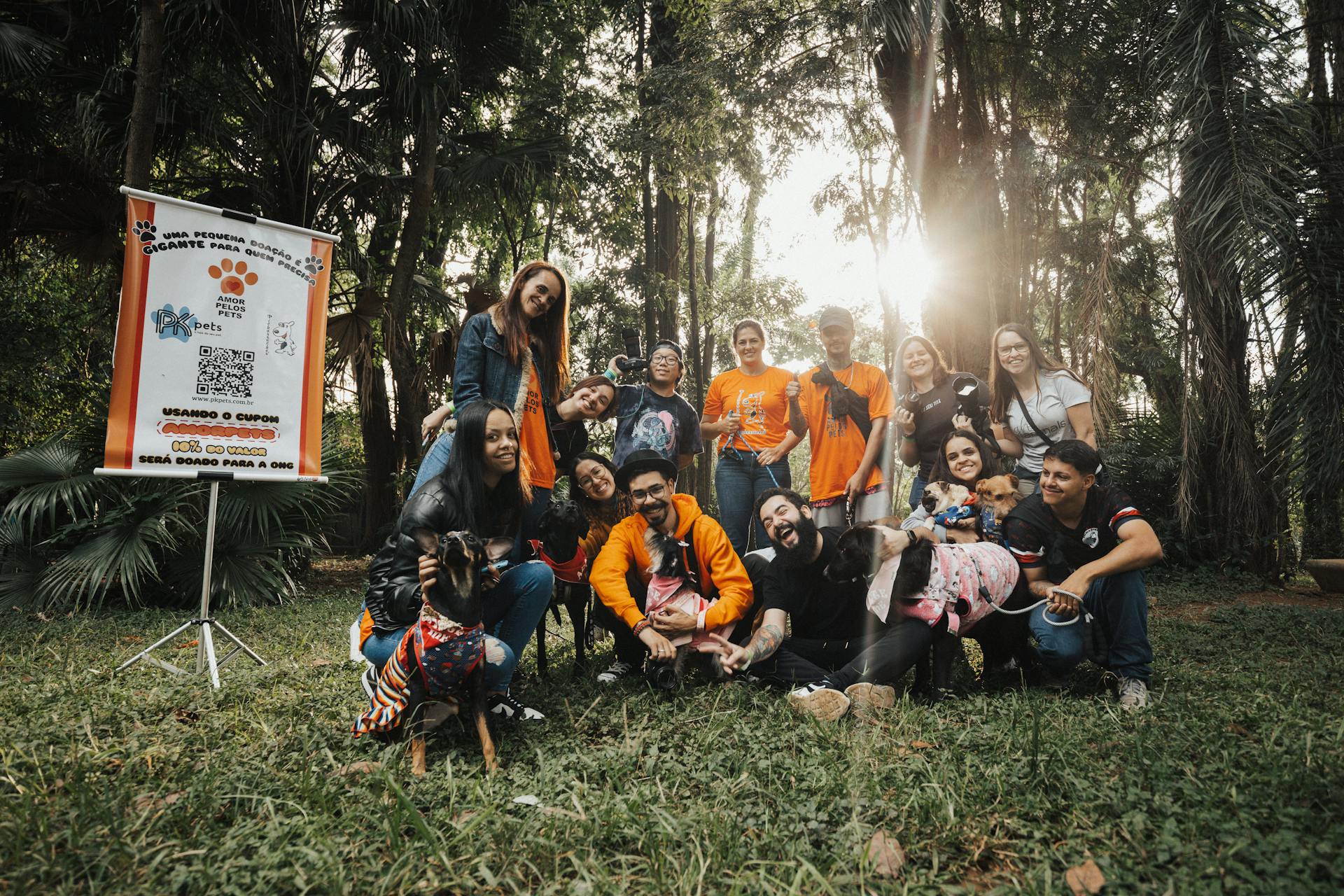 Een groep mensen met adoptiehonden in een park