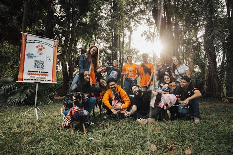 Group Of People With Dogs For Adoption Standing In A Park 