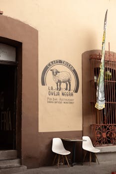 Charming street corner at La Oveja Negra, a craft tavern in Monterrey, Mexico.