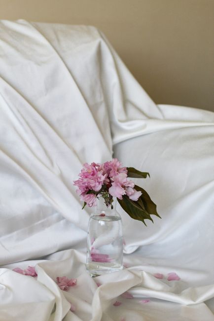 Stylish still life of pink flowers in glass vase on white draped cloth. Perfect for elegant decor themes.
