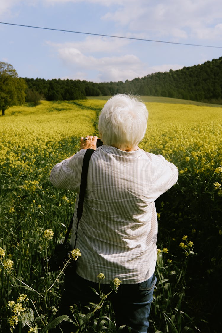 Elderly Person Taking A Picture Of A Meadow Full Of Yellow Flowers