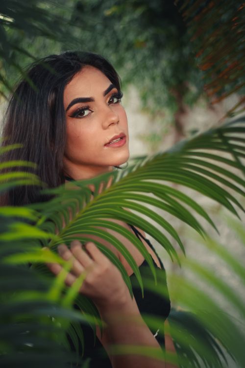 Free Portrait of a woman with long hair posing gracefully among lush tropical greenery. Stock Photo