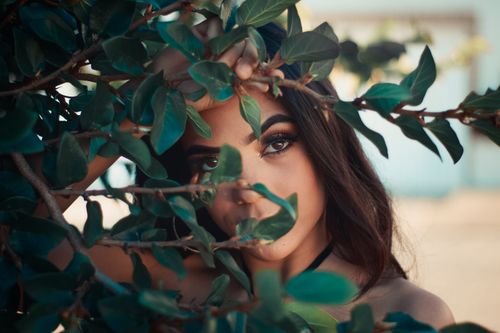 Free Close-up portrait of a woman peering through lush green leaves, captivating eyes highlighted. Stock Photo
