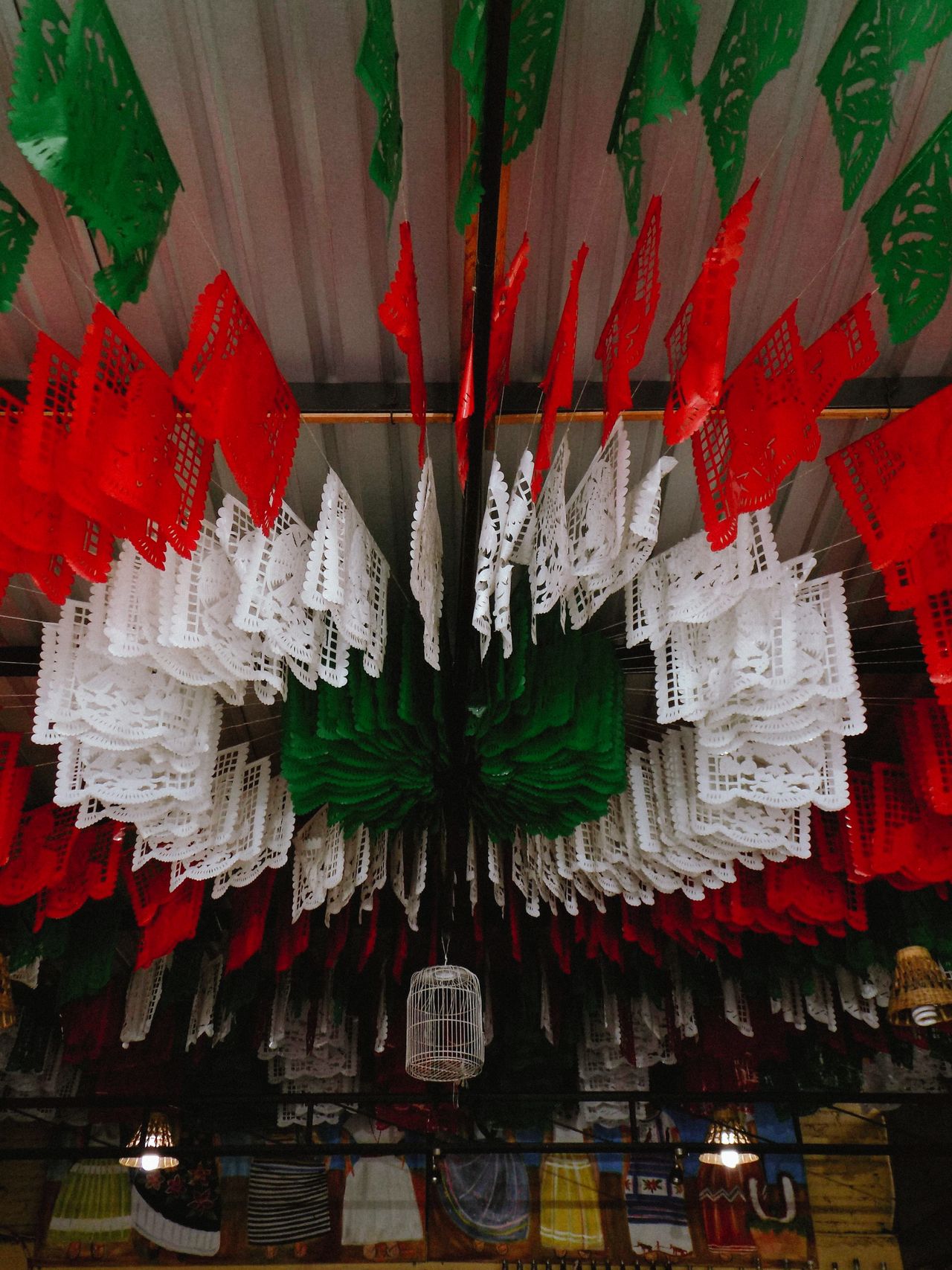 red-white-and-blue-ribbon-chandelier Colorful fabric strips hanging from a ceiling as decoration