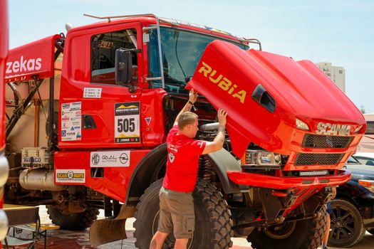 red Mercedes rally truck