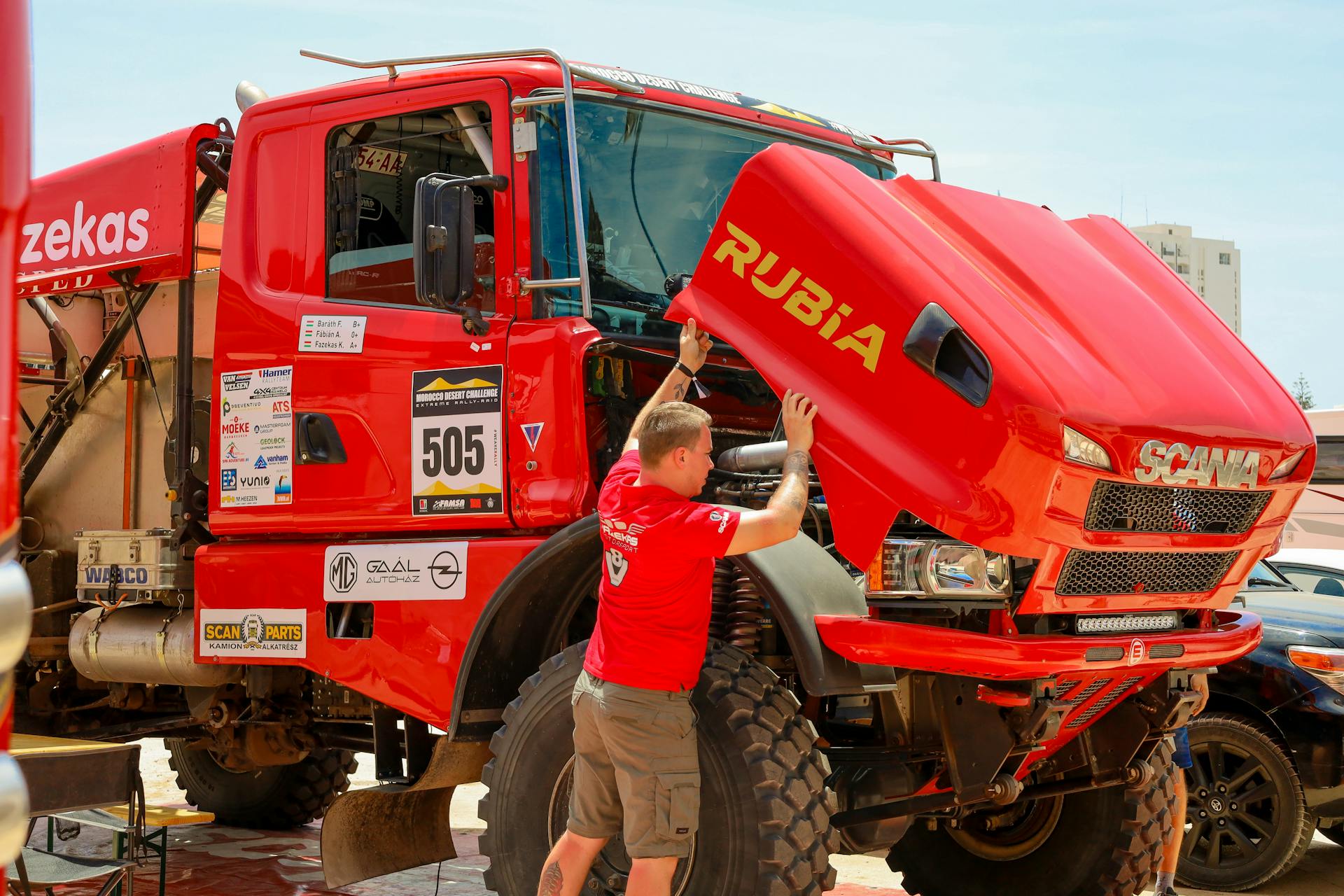 red Mercedes rally truck