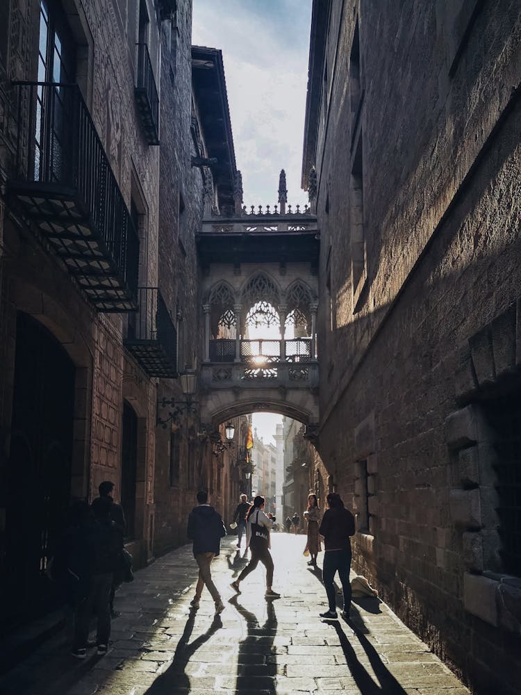 People Walking On Sunlit Street In City