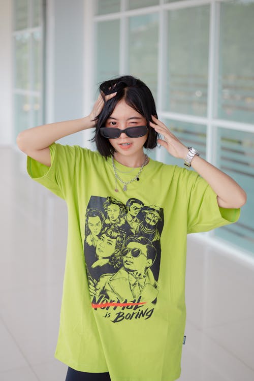 Brunette Woman in Green T-shirt