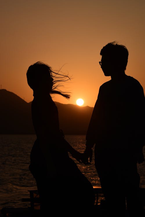 Back View of Silhouette of a Couple at Sunset 