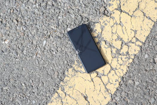 A close-up view of a cracked smartphone lying on a sunlit asphalt road.
