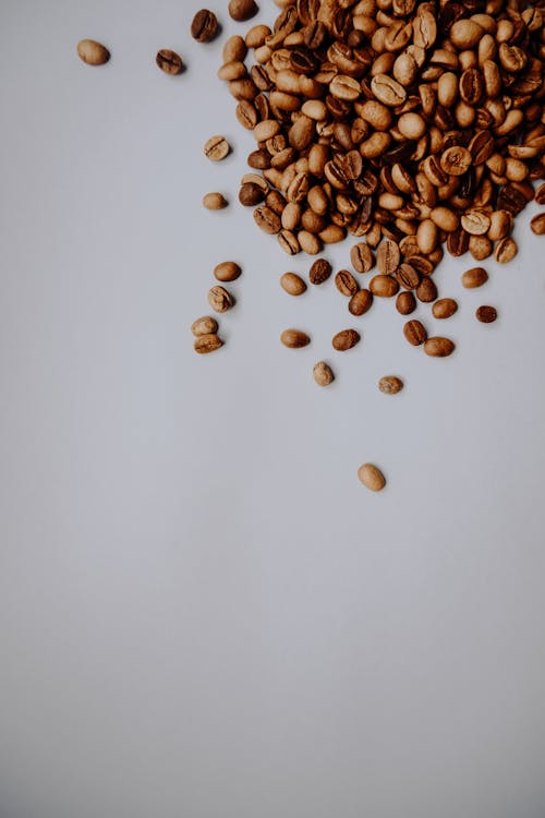 Scattered Coffee Beans on White Surface 