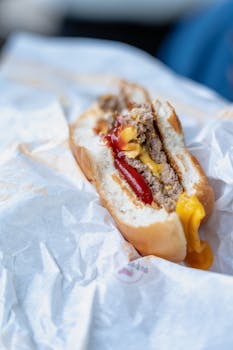 Close-up of a half-eaten cheeseburger with ketchup and cheese on paper.