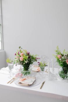 Luxurious dining setup with elegant floral arrangements and pastel tableware.