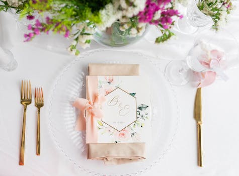 Beautiful wedding table setting with gold cutlery and floral accents, perfect for romantic occasions.