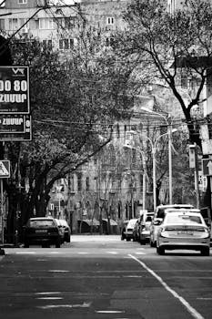 Monochrome city street view with cars and buildings, showcasing urban life.