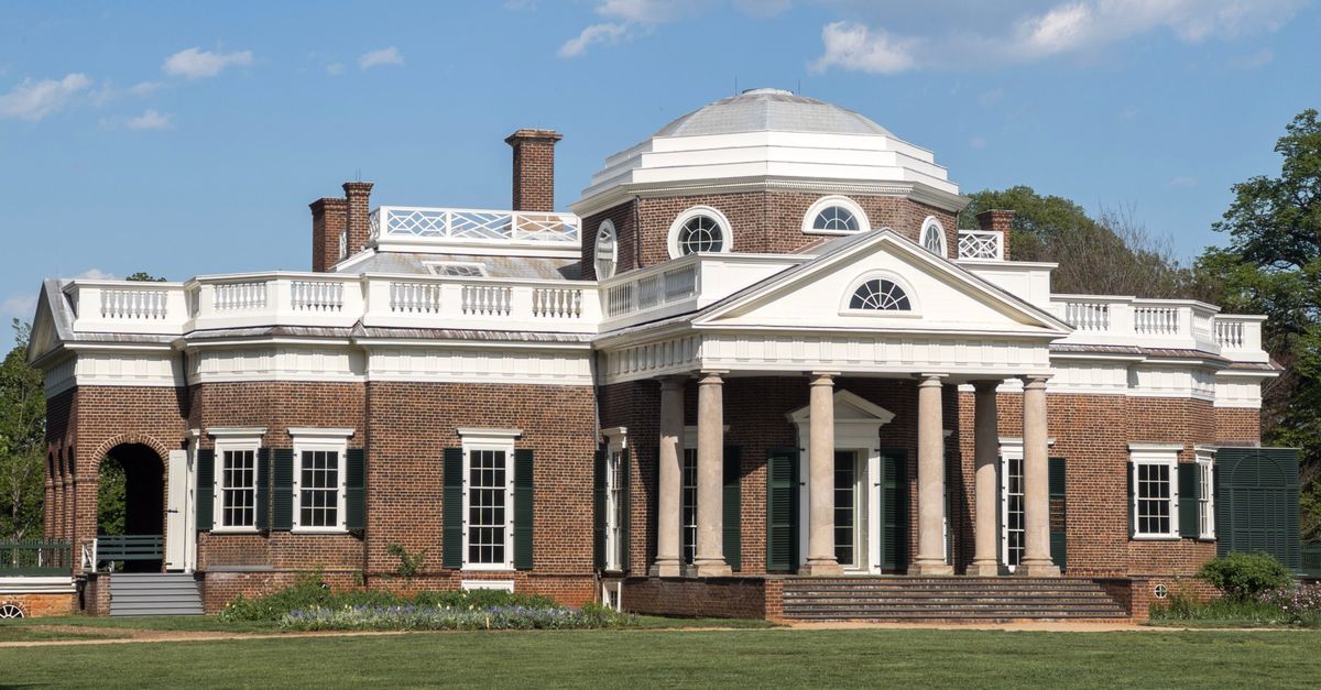 Exterior view of Monticello, a historic neoclassical landmark in Charlottesville, VA.
