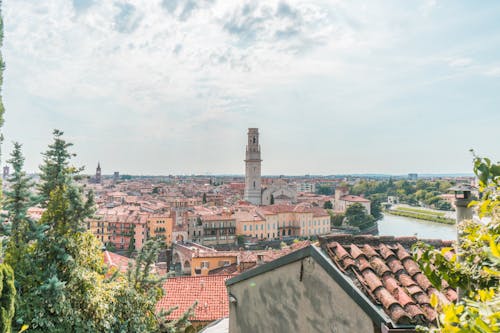 Panorama of Old Town Rooftops and Cathedral Bell Tower, Verona, Italy