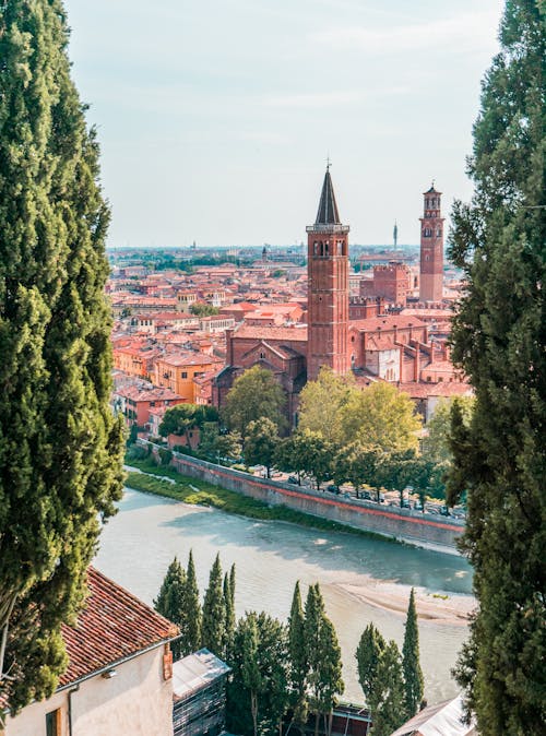 Panorama of Old Town with Basilica of Saint Anastasia and Cathedral, Verona, Italy