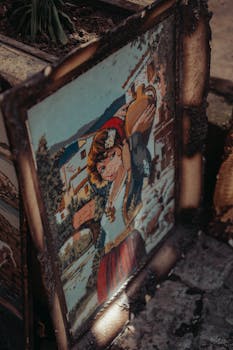 Antique style painting in rustic frame, displayed outdoors. Artistic vintage theme.