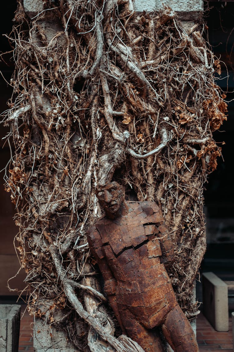 Rusty Metal Figure Leaning On Twisted Branches