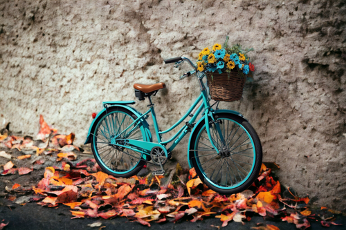 Free A charming vintage bicycle adorned with vibrant flowers stands against an autumn leaf-covered wall. Stock Photo