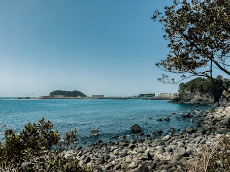 Serene coastal landscape of Jeju Island with clear blue sky and tranquil sea, ideal for travel and nature lovers.