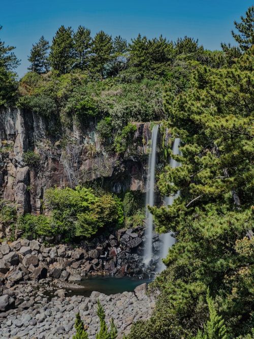 Free Explore the tranquil beauty of Jeongbang Waterfall surrounded by lush greenery in Jeju, South Korea. Stock Photo