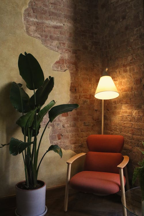 Red Armchair under Lit Up Lamp in Corner of Room