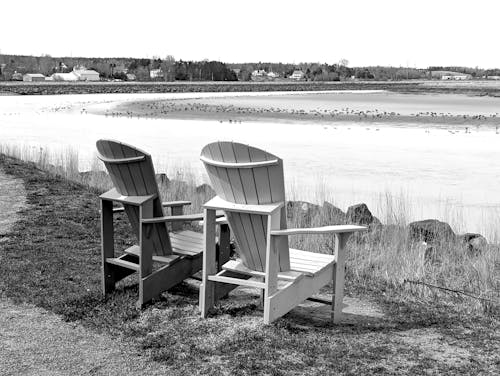 Wooden Armchairs by River in Countryside