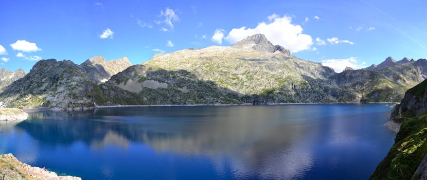 Beautiful panoramic view of a tranquil lake surrounded by majestic mountains in Navarrenx, France.
