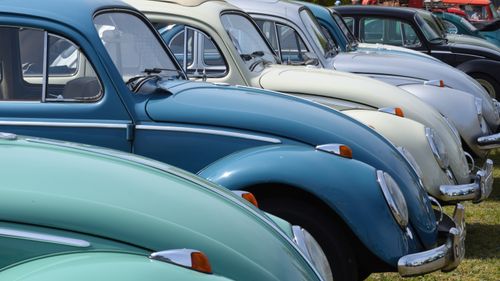 Free A lineup of classic Volkswagen Beetles in various colors at an outdoor car event in Hannover. Stock Photo