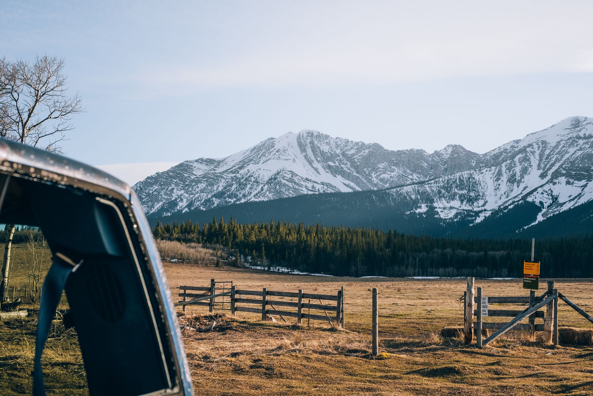 Beautiful landscape with mountains and fields near Pincher Creek, Canada in spring.