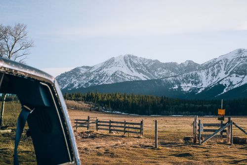 Free Beautiful landscape with mountains and fields near Pincher Creek, Canada in spring. Stock Photo