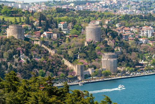 Free Stunning aerial view of Rumelian Fortress with Bosphorus backdrop in spring Istanbul, Turkey. Stock Photo