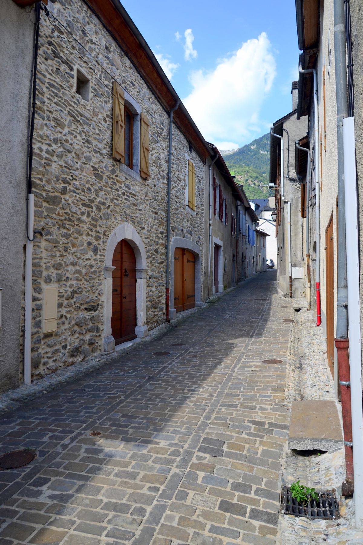 A cobbled lane of stone houses in a Pyrenean village