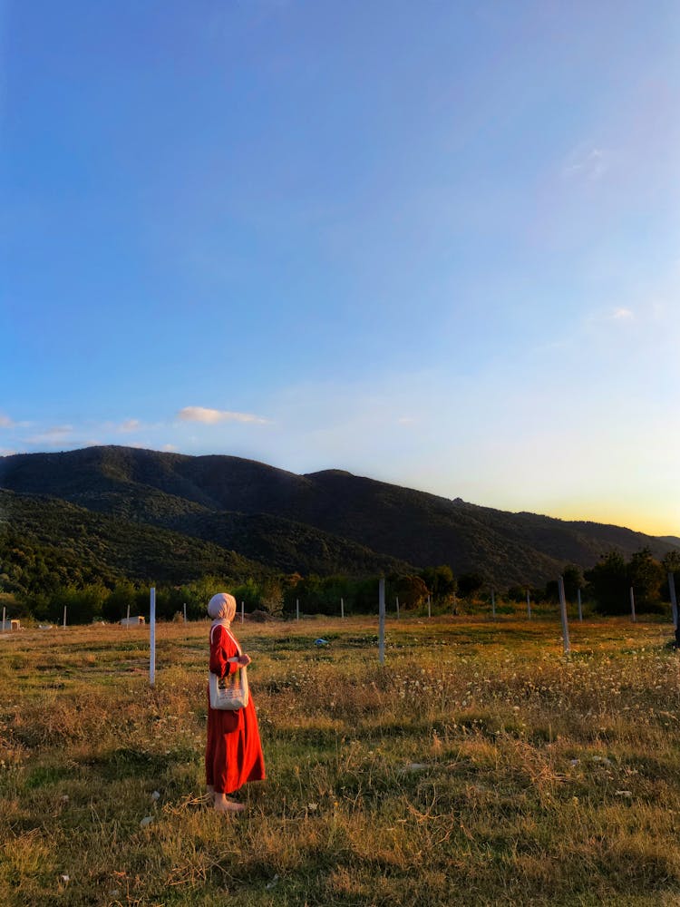 Woman Standing In The Meadow And Looking At A View 