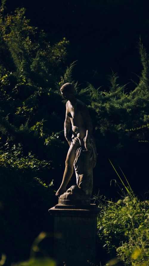 Free A classic sculpture in Buenos Aires, framed by greenery under sunlight. Stock Photo