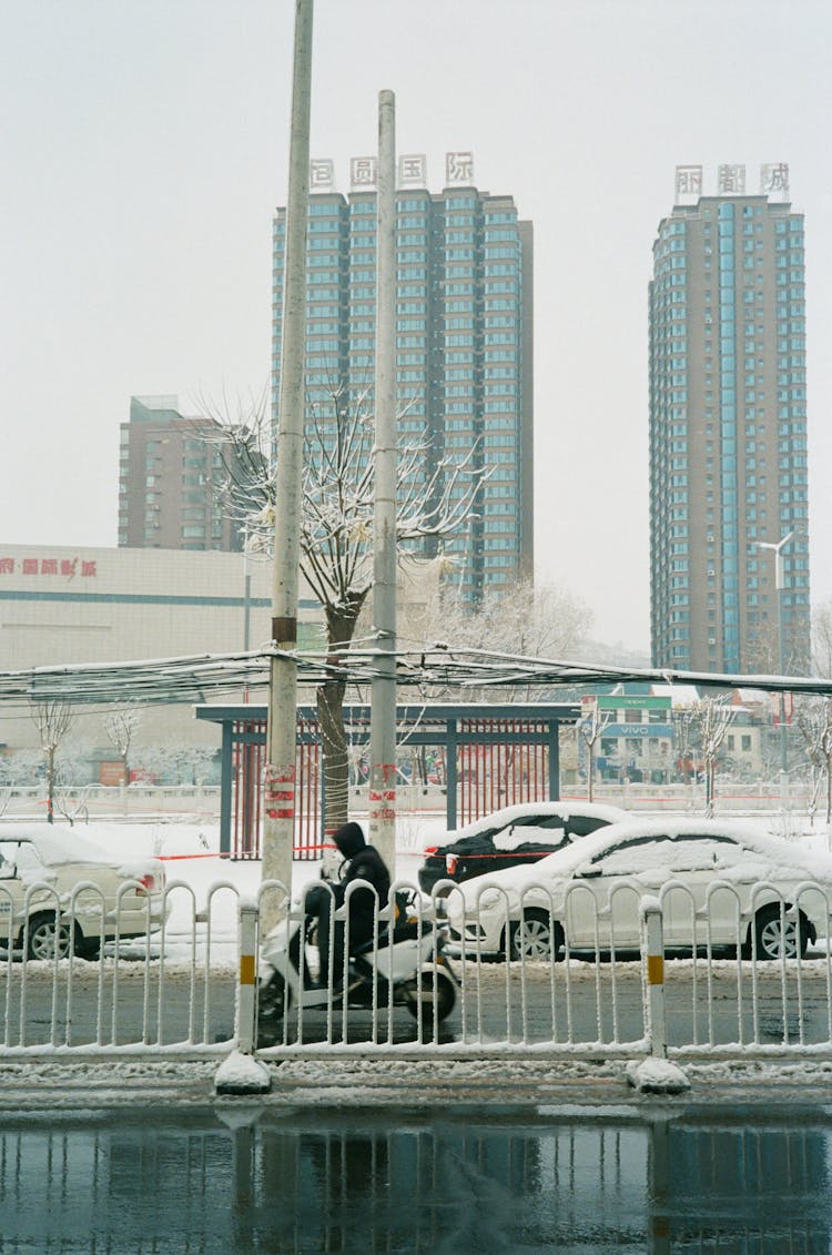 Cars In Snow Driving On City Road