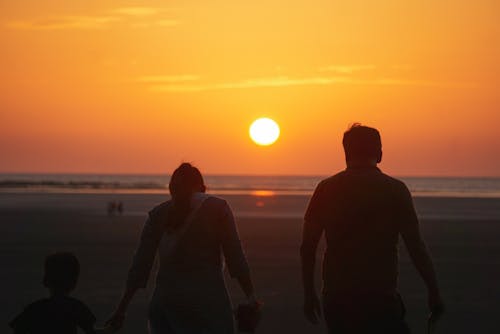 Free Family Watching a Sunset at the Beach  Stock Photo