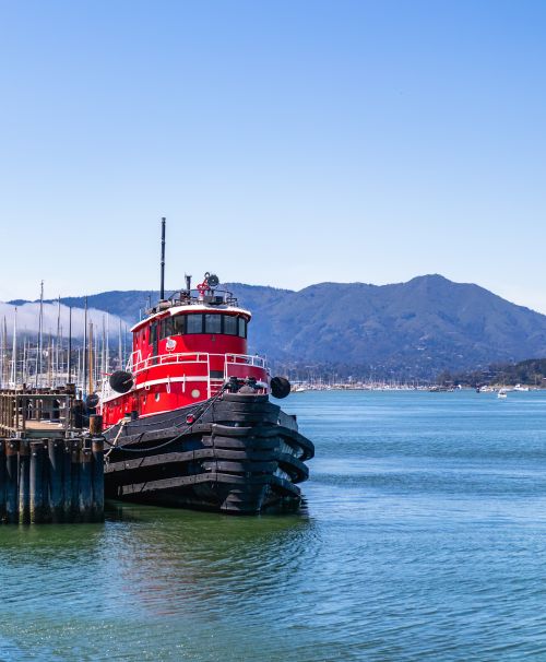 Free A vibrant red tugboat docked near a picturesque harbor with hills in the background. Stock Photo