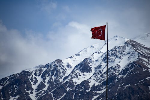 Snowcapped Mountains and a Flag of Turkey 