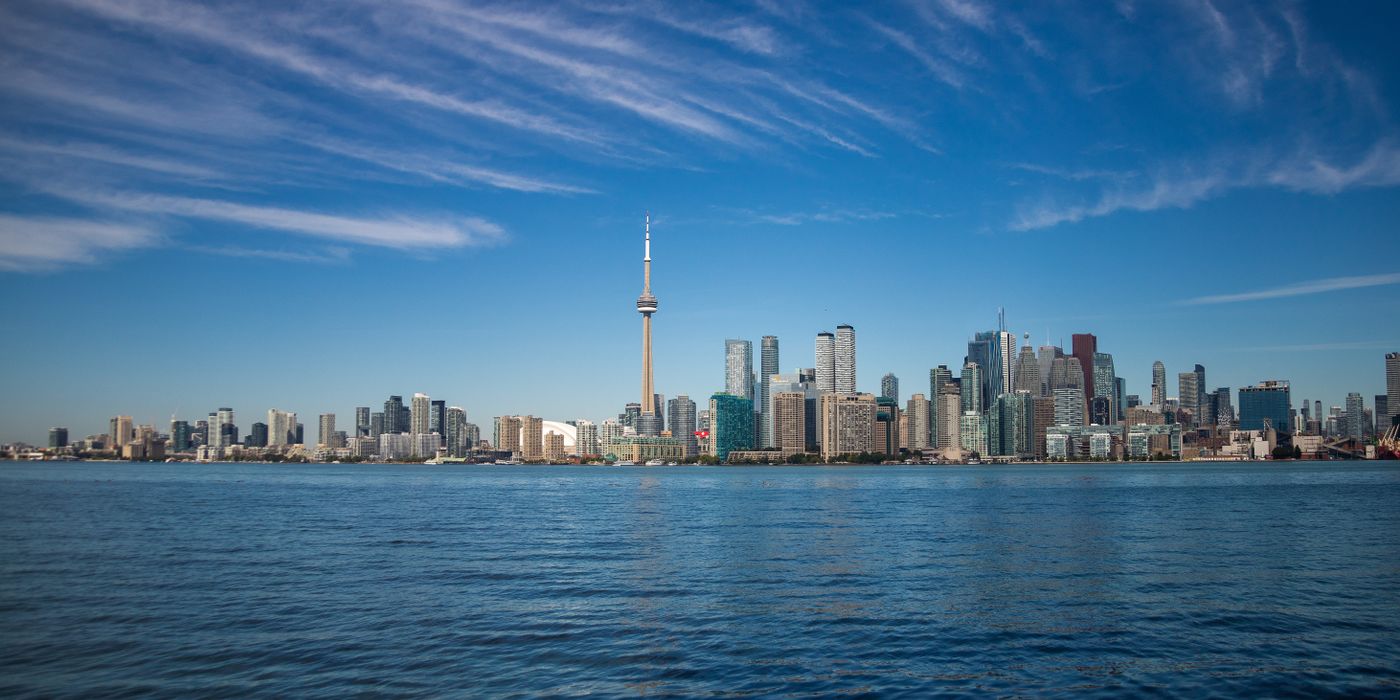 Toronto skyline with the CN Tower seen from the waterfront on a clear day