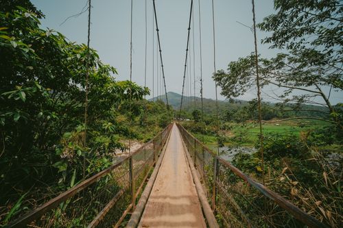 Free A picturesque hanging bridge stretching over a lush forest river with hills on the horizon. Stock Photo