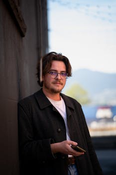 Man in a black coat standing outdoors with smartphone, casual urban setting.