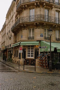 Explore a quaint Parisian corner with classic architecture and cozy cafes.