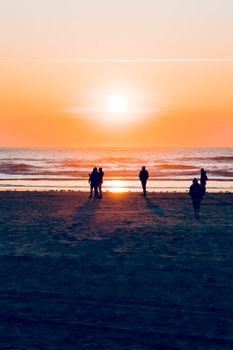 Silhouettes of people walking on Berck beach during a stunning sunset, creating a serene and warm atmosphere.